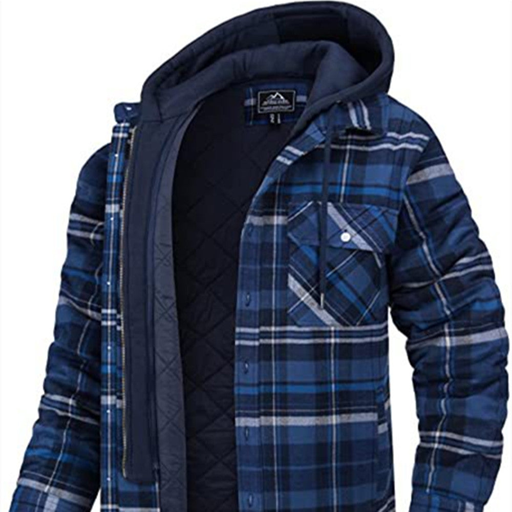 EVRSK8 Men's Coat: Plaid Hooded Winter Warm Button Zip-up Jacket Fashion Casual Thick Padded Long Sleeves Outerwear Clothing