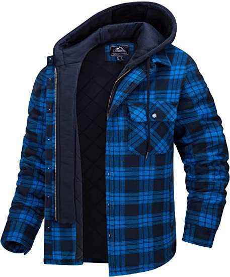 EVRSK8 Men's Coat: Plaid Hooded Winter Warm Button Zip-up Jacket Fashion Casual Thick Padded Long Sleeves Outerwear Clothing