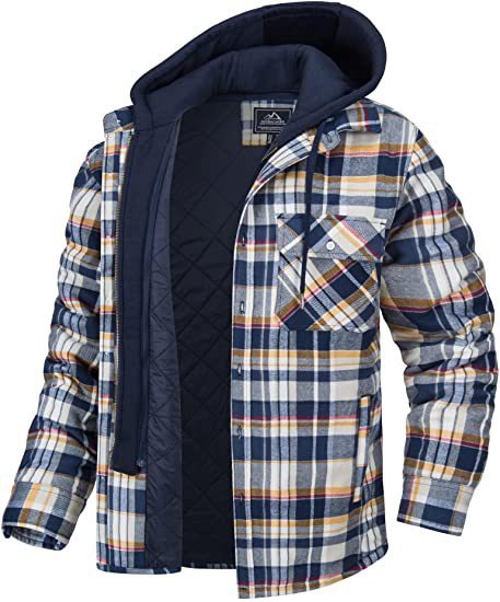 EVRSK8 Men's Coat: Plaid Hooded Winter Warm Button Zip-up Jacket Fashion Casual Thick Padded Long Sleeves Outerwear Clothing
