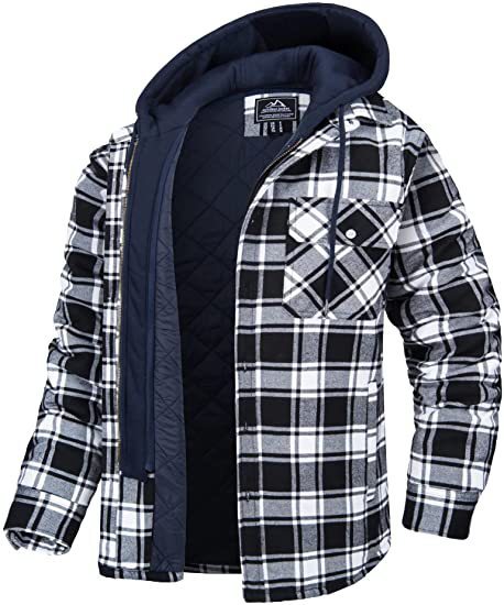 EVRSK8 Men's Coat: Plaid Hooded Winter Warm Button Zip-up Jacket Fashion Casual Thick Padded Long Sleeves Outerwear Clothing