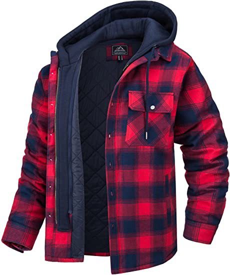 EVRSK8 Men's Coat: Plaid Hooded Winter Warm Button Zip-up Jacket Fashion Casual Thick Padded Long Sleeves Outerwear Clothing