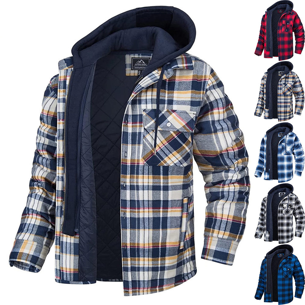 EVRSK8 Men's Coat: Plaid Hooded Winter Warm Button Zip-up Jacket Fashion Casual Thick Padded Long Sleeves Outerwear Clothing