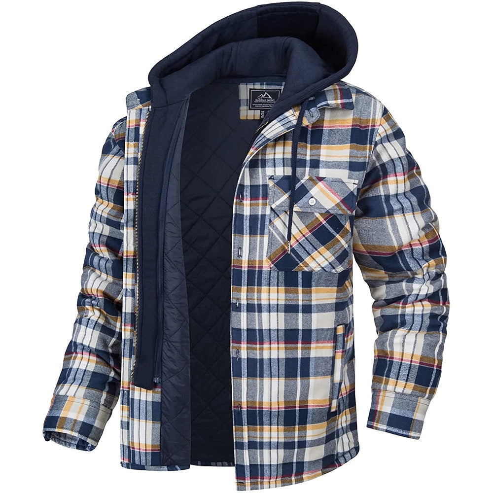 EVRSK8 Men's Coat: Plaid Hooded Winter Warm Button Zip-up Jacket Fashion Casual Thick Padded Long Sleeves Outerwear Clothing